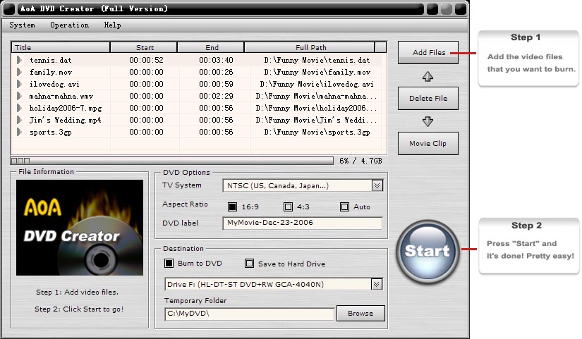 Create DVDs from AVI, WMV/ASF, MP4, FLV, 3GP, MPEG/MPG, DAT, MOV videos.