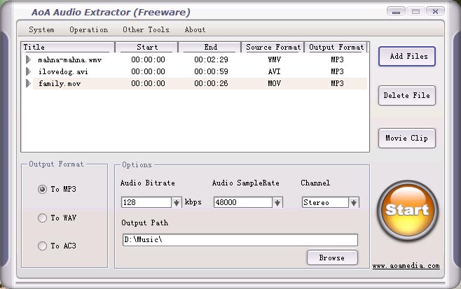 Free tool to extract audios from video files and save them as MP3, WMA, AC3. 