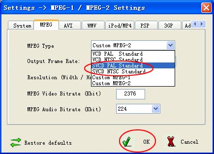 settings of dvd to svcd