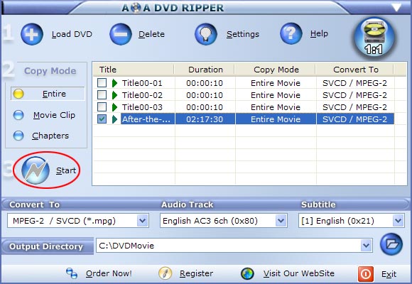 start dvd to svcd/mpeg2 conversion