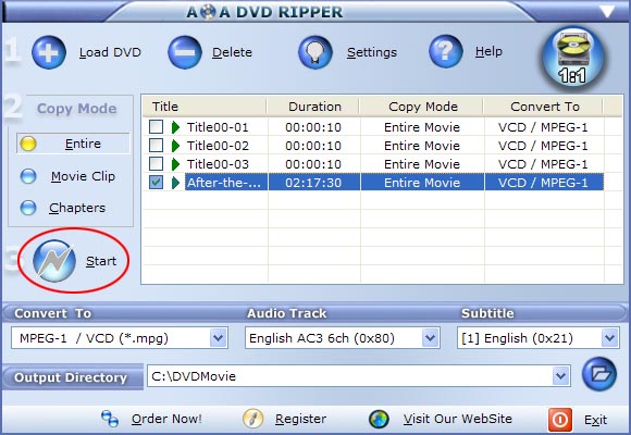 start dvd to vcd conversion, convert dvd to mpeg