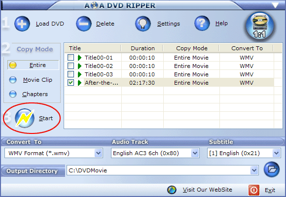 start dvd to divx conversion