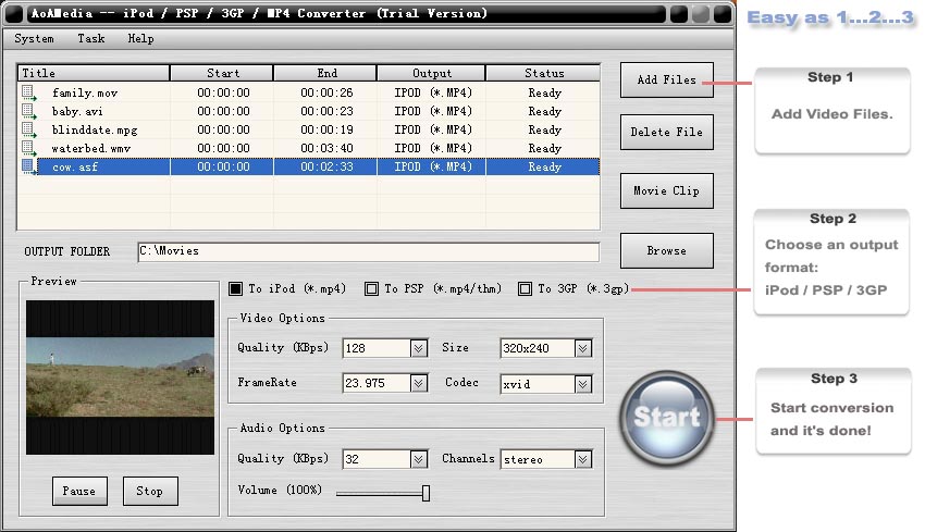 Screenshot of AoA iPod/PSP/3GP/MP4 Converter