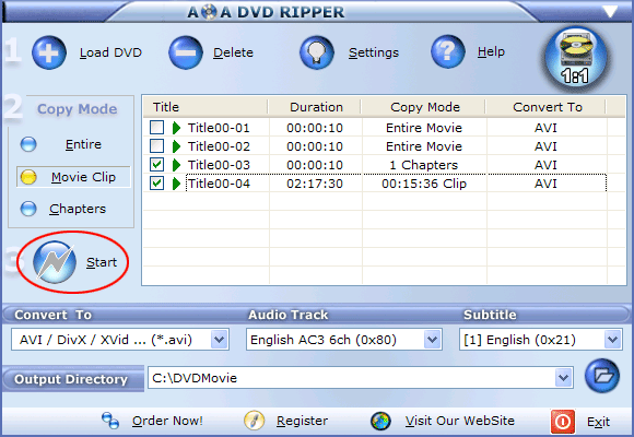 start dvd to divx conversion