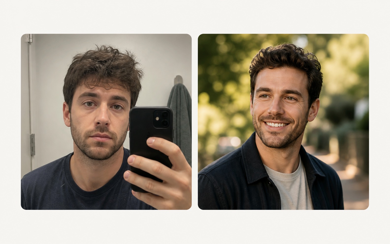 Before and after dating app profile photo example for Tinder-style photos
