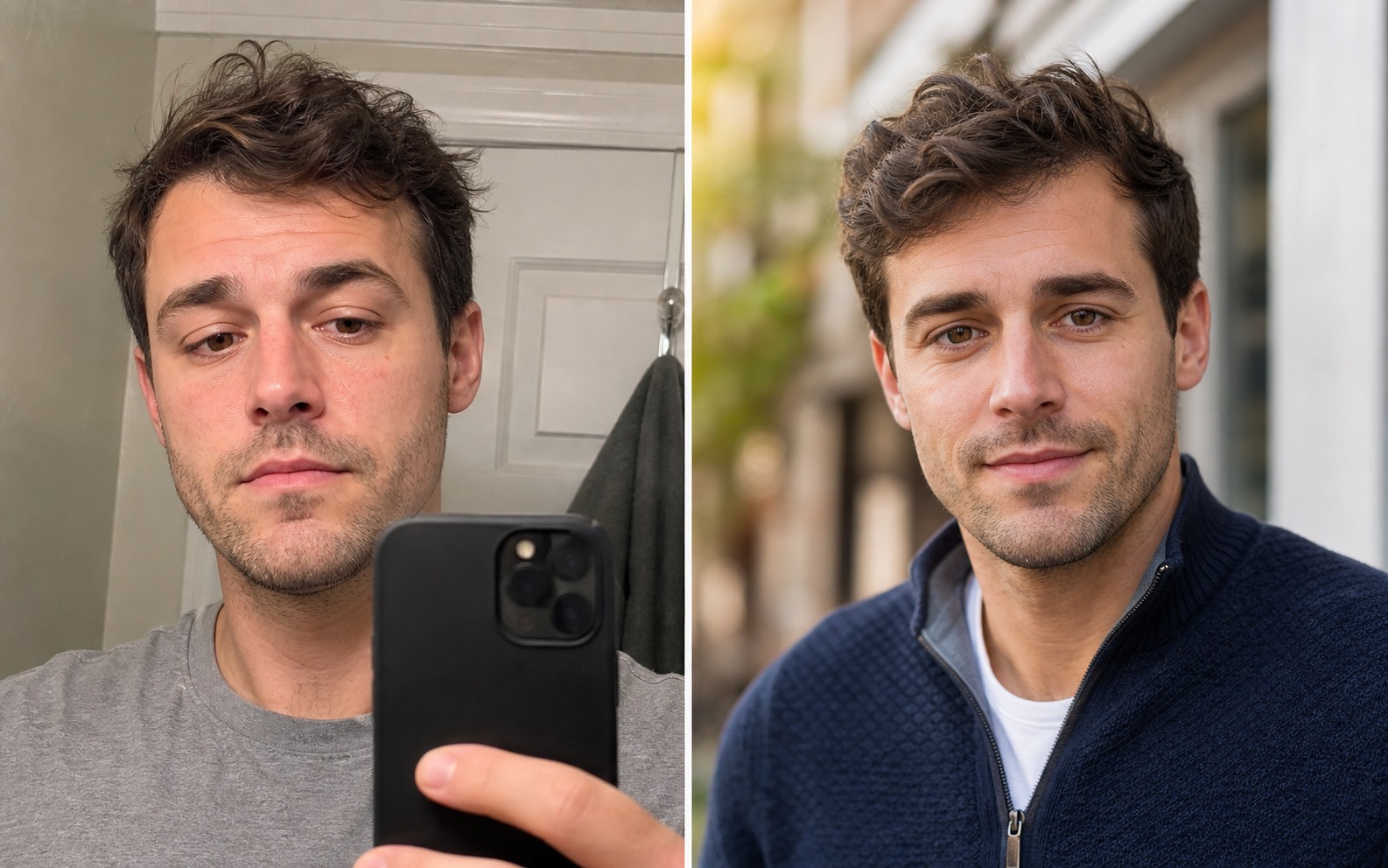 High contrast before and after comparison of a casual selfie transformed into a natural profile portrait
